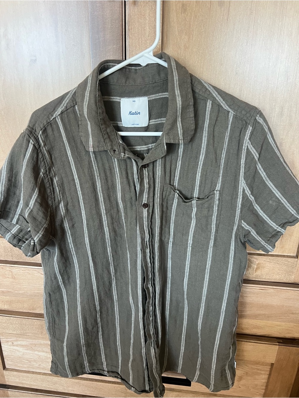 Katin Olive and Cream Vertical-Stripe Short-Sleeve Button-Up